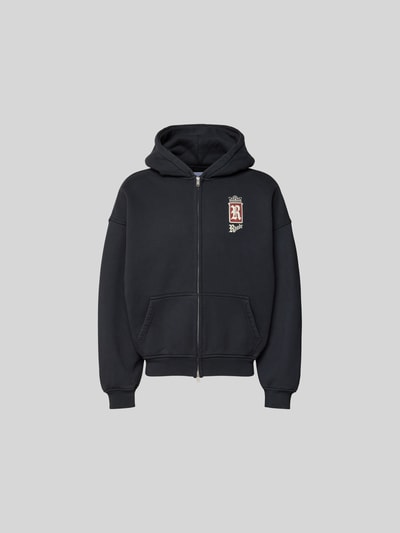 Produktfoto, Oversized Sweatjacke aus Baumwolle von RHUDE, Schwarz, mit Zweiwege-Reißverschluss und geteilter Känguru-Tasche, glatte Textur