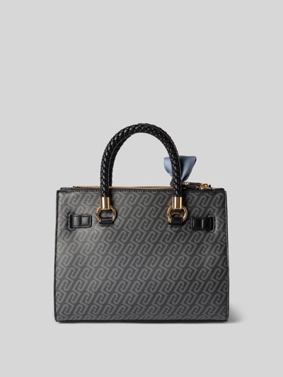Produktfoto, Handtasche mit Label-Applikation im Allover-Look von Liu Jo White, Hauptfach mit Reißverschluss, Tragehenkel, Schulterriemen, Maße: Breite 27 cm, Länge 22 cm, Tiefe 10 cm, Schulterriemen 34 cm, dunkle Töne mit goldfarbenen Details, strukturierte Oberfläche.