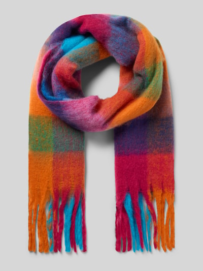 Produktfoto, Schal mit Fransen und Karo-Muster von Kurt Beines, bunte Rechteckform, weiche Textur, Maße 40 x 206 cm