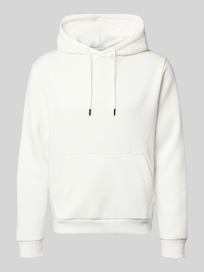 Produktfoto, weißer Hoodie mit Kapuze Modell 'BRADLEY' von Jack & Jones, lockerer Schnitt, Känguru-Tasche, Baumwoll-Material-Mix, gerippte Abschlüsse