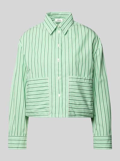 Productfoto, Loose Fit Langarmbluse aus reiner Baumwolle van s.Oliver RED LABEL, groen-wit gestreepte cropped blousetop in popeline