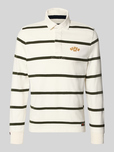 Produktfoto, Poloshirt aus reiner Baumwolle von Superdry in Creme mit grünen Streifen, gerader Schnitt, Label-Stitching, elastische Abschlüsse