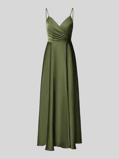 Produktfoto, Abendkleid mit Spaghettiträgern und V-Ausschnitt von Laona aus grünem Satin, taillierter Schnitt, Maxikleid mit gelegten Falten