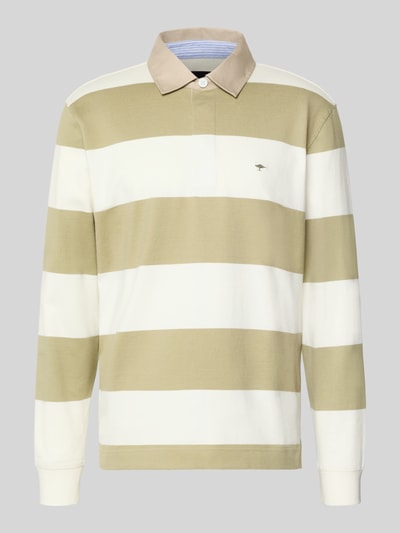 Produktfoto, Regular Fit Poloshirt mit Streifenmuster und Label-Stitching von Fynch-Hatton, Baumwolle, Polokragen, Longsleeve, beige-weiß gestreift