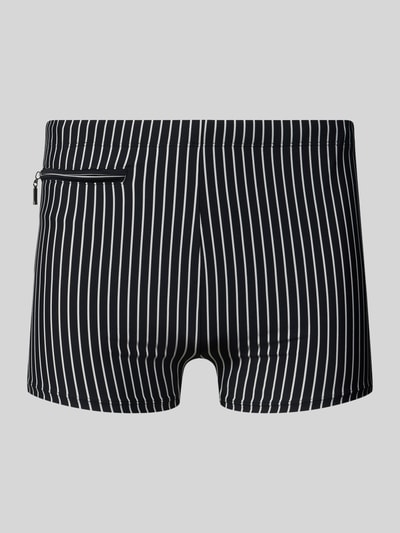 Produktfoto, Badehose im Allover-Look mit Reißverschlusstasche von Schiesser, Schwarz mit weißen Längsstreifen, Körpernahe Passform, elastischer Bund