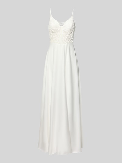 Produktfoto, Abendkleid aus Satin mit Stitchings und Schnürung von Mascara, A-Linie, Maxikleid, Corsagenkleid, weiß, glatte Textur