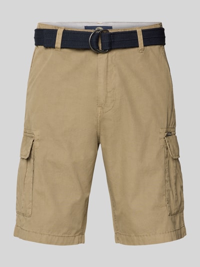 Produktfoto, Regular Fit Bermudas mit Cargo-Taschen von Petrol aus reiner Baumwolle in Beige mit Gesäßtaschen, Bundweite 45 cm, Innenbeinlänge 27 cm, strukturierte Oberfläche, klar definierte Nähte