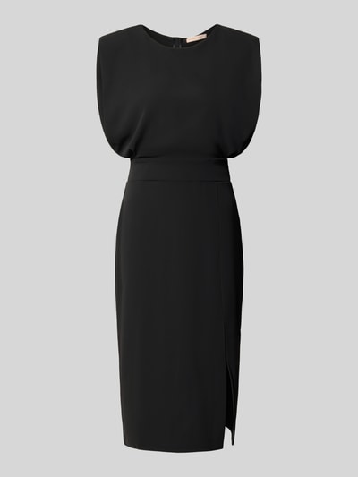Produktfoto, Cocktailkleid mit Gehschlitz von Rinascimento in Schwarz, körpernaher Schnitt, Midilänge, Material-Mix mit Stretch-Anteil, seitlicher Schlitz.