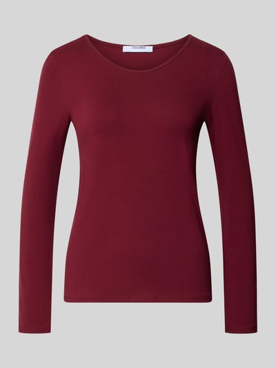 Produktfoto, shirt met lange mouwen met ronde hals van ZABAIONE in bordeauxrood, getailleerd model, mix van katoen en elastaan, ruglengte maat S 55 cm