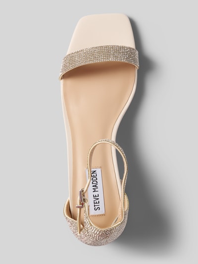 Produktfoto, Sandalette mit Strasssteinbesatz Modell 'Gena' von Steve Madden, eckig, beige, glatte Sohle, Blockabsatz, dünner Riemen
