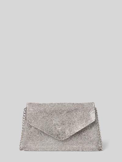 Produktfoto, Clutch mit Allover-Strasssteinbesatz Modell 'Klunker' von Jake*s Cocktail, silberfarben, rechteckig, Überschlag, Magnetverschluss, Tragehenkel mit Ketten-Optik, Maße 17 x 12 x 2 cm, Länge Schulterriemen 108 cm, glitzernde Textur