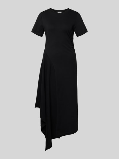 Produktfoto, Tailliertes Jersey-Kleid aus katoenmix van s.Oliver RED LABEL in zwart met asymmetrische zoom, getailleerd, all-over motief, jerseylook, ronde hals, korte mouw, plooien, midilengte, materiaalverwerking: katoenmix