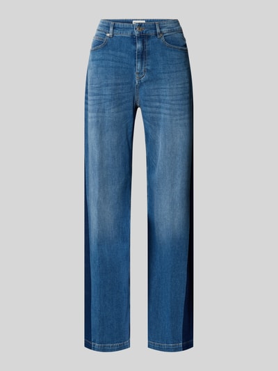 Produktfoto, Wide Fit Jeans im 5-Pocket-Design Modell 'Mari Meadow' von OPUS PANTS aus elastischem Baumwoll-Mix, blaue Denim-Optik, sichtbarer Knopf- und Reißverschluss, Bundweite 39 cm, Innenbeinlänge 80 cm, Damen Jeans