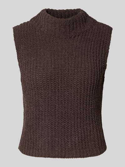 Produktfoto, Slim Fit Pullunder mit Stehkragen von monari in dunklem Braun, Strick-Optik, Kappärmel, Rückenlänge 50 cm bei Größe 36