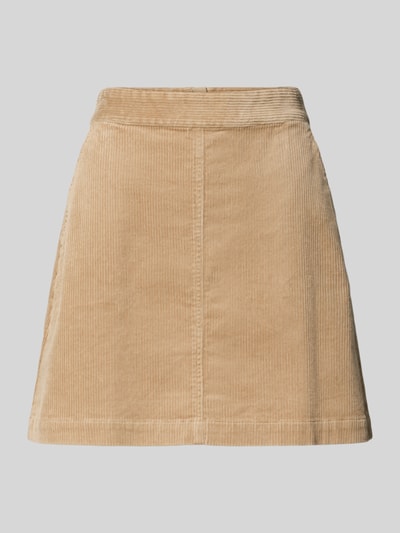 Produktfoto, beigefarbener A-Linie Mini-Rock aus Baumwoll-Mix von Marc O'Polo DENIM, feine Cordstruktur, neutrale hellbraune Töne.