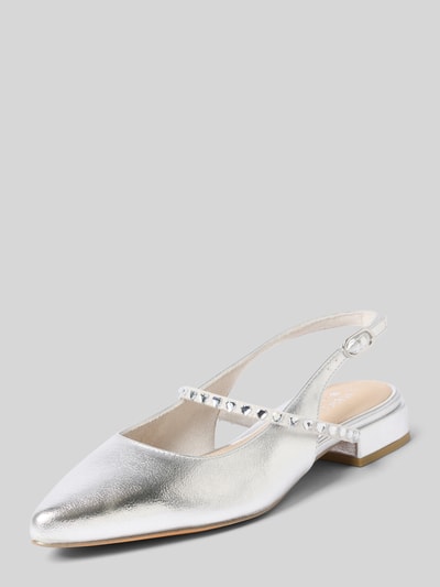 Produktfoto, Slipper mit offener Ferse von Marco Tozzi in Silber mit Spitze Passform, Strasssteinbesatz, Dornschließe, glatte Sohle, Absatzhöhe 3 cm