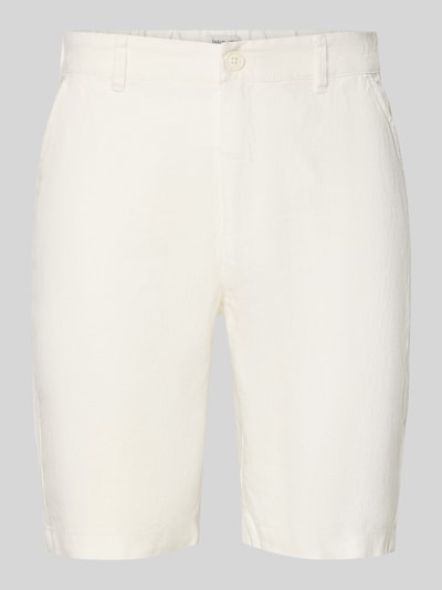 Produktfoto, Leinen Shorts mit Eingrifftaschen Modell 'PANDRUP' von Casual Friday, proste nogawki, czysty len, kolor biały, szerokość w rozmiarze M 44 cm, długość nogawki wewnętrznej 23 cm, zapięcie na guzik i zamek, kieszenie boczne oraz tylne listewkowe