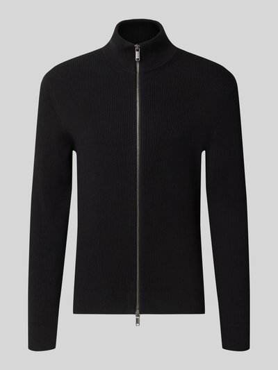 Produktfoto, Strickjacke mit Stehkragen Modell 'LEVI' von MCNEAL in Schwarz, gerader Schnitt, sichtbarer Zwei-Wege-Reißverschluss, feine Stricktextur, Baumwoll-Mix