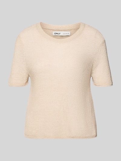 Produktfoto, Regular Fit Strickpullover mit kurzen Ärmeln Modell 'SUNNY' von Only, beige, unifarben, Rundhals, gerippter Strick, Rollsaum, Seitenschlitze