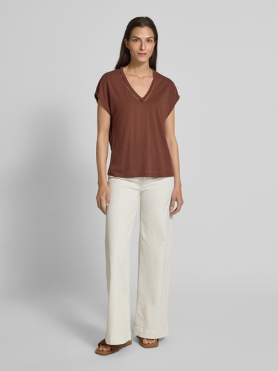 Scotch & Soda Leinen-T-Shirt mit V-Ausschnitt Mittelbraun 1
