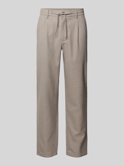 Produktfoto, Slim Fit Stoffhose mit Viskose-Anteil von Lindbergh in Beige, Elastischer-Material-Mix, Strukturmuster, Bundfalten, Tunnelzug, Gesäßtaschen, Eingrifftaschen, Knopf-Reißverschluss, Bundweite 41 cm, Innenbeinlänge 76 cm, Größe M.