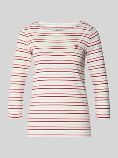Productfoto, Regular Fit 3/4-Shirt uit katoenmix van Tom Tailor, all-over gestreept patroon, rode tekstapplicatie, boothals, 3/4-mouw.