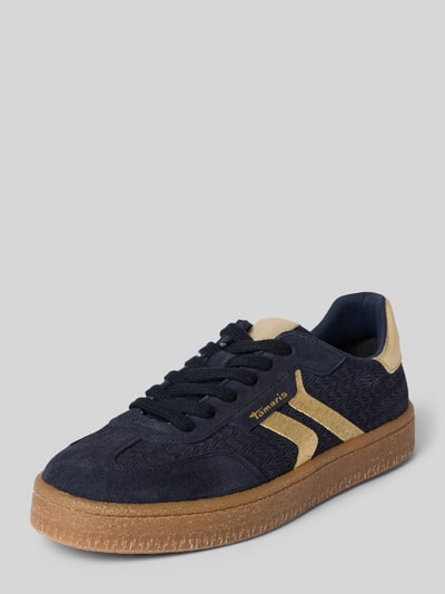 Produktfoto, Sneaker aus echtem Leder von Tamaris für Damen, dunkelblau mit beigen Details und strukturierter Oberfläche, gummierte Sohle