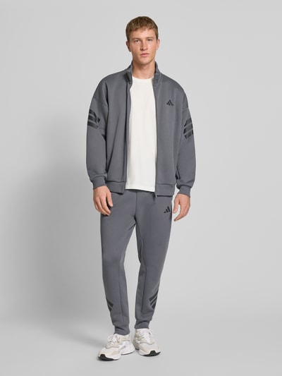 Männermodel trägt Sweatjacke mit Logo und Reißverschluss von adidas Sportswear in Grau, Regular Fit, Stehkragen, Ganzkörperansicht von vorne.