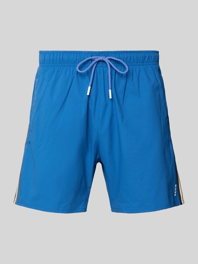 Produktfoto, Badeshorts mit Tunnelzug Modell 'ICONIC' von BOSS, Optik: Unifarben Blau, Label-Print, Kontraststreifen, seitliche Eingrifftaschen, Gesäßtasche, elastischer Bund