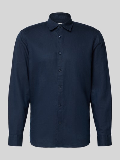Produktfoto, Regular Fit Freizeithemd aus Leinen-Baumwoll-Mix Modell 'CLAY LINENBLEND' von SELECTED HOMME in Melange-Optik, dunkelblau, Kentkragen, durchgehende Knopfleiste, Langarm, Flammgarn-Textur, leicht abgerundeter Rumpfabschluss, 2-Knopf-Manschette