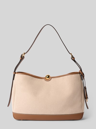 Produktfoto, Shoulder Bag mit Logo-Detail Modell 'Fera' von FURLA, beżowy materiał, brązowe wykończenia, Szerokość w rozmiarze 1: 40 cm, długość 26 cm, głębokość 9 cm, pasek 74 cm, zapięcie magnetyczne, regulowany pasek