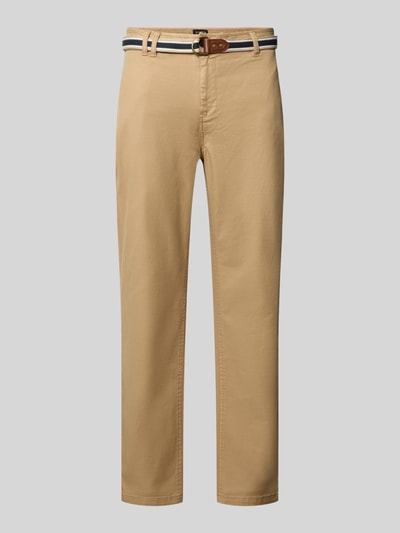 Produktfoto, Scotch & Soda Chino mit Gürtel und Eingrifftaschen Modell 'WARREN' für Herren aus Baumwoll-Mix mit Stretch-Anteil, Straight Fit, Knopf- und Reißverschluss, Gürtel mit Doppel-D-Schnalle, seitliche Eingrifftaschen, Gesäßtaschen, Farbe Beige, Bundweite 44 cm, Innenbeinlänge 77 cm bei Größe 32/32.