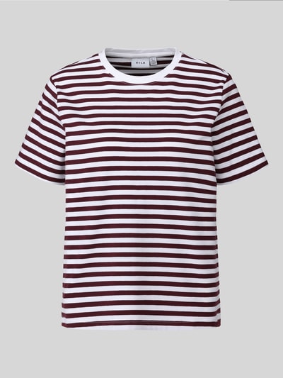 Produktfoto, T-Shirt mit Rundhalsausschnitt Modell 'NORA' von VILA, Damen Regular Fit, Baumwoll-Elasthan-Mix, weiß-bordeaux gestreift
