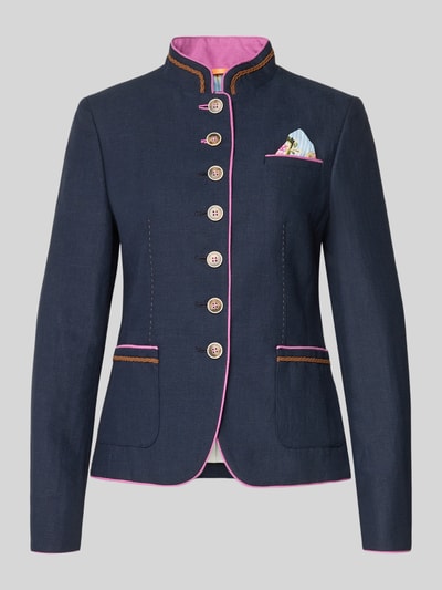 Produktfoto, Slim Fit Blazer aus Leinen-Baumwoll-Mix von WHITE LABEL, navy-blau mit pinken Akzenten, silberfarbene Knöpfe, strukturierte Oberfläche