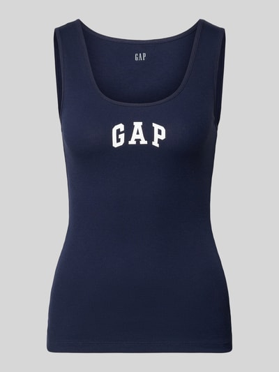 Produktfoto, dunkelblaues Tanktop mit Logo-Print und Rundhalsausschnitt von GAP aus Baumwoll-Mix mit Stretch-Anteil, Körpernaher-Schnitt, Feinripp
