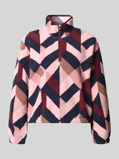 Produktfoto, Regular Fit Troyer mit Stehkragen Modell 'NEW' von ONLY, buntes geometrisches Muster in Rosa, Dunkelblau, Braun, weiche Fleece-Textur, Damen Troyer von ONLY