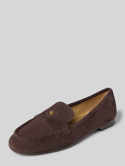 Produktfoto, Penny-Loafer aus echtem Leder Modell 'JENNINGS' von MICHAEL Michael Kors, kolor brązowy, zaokrąglony kształt, detal z logo w metalicznym efekcie, gładka podeszwa, wysokość obcasa 1 cm w rozmiarze 40, wysokość cholewki 6 cm w rozmiarze 40, szerokość cholewki 15 cm w rozmiarze 40