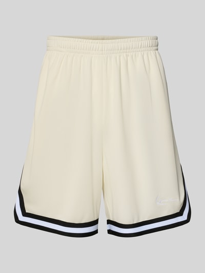 Produktfoto, Regular Fit Shorts mit elastischem Bund von KARL KANI in Creme mit Strukturmuster, Logo-Stitching, Bundweite 38 cm, Innenbeinlänge 21 cm