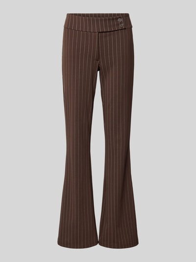 Produktfoto, Flared Fit Hose aus elastischem Viskose-Mix mit Knopfverschluss von Gina Tricot, braun mit weißen Streifen, feine Struktur, Damen Hose, elastischer Saum, Bundweite 38 cm, Innenbeinlänge 79 cm
