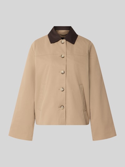Produktfoto, beigefarbene Damen Bomberjacke mit Umlegekragen und dunklem Kragen, glatte Baumwolloptik, Regular Fit Blouson mit Umlegekragen Modell 'CHELSEAPOPPY' von VERO MODA