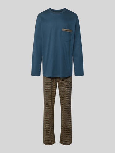 Produktfoto, Regular Fit Pyjama-Set aus reiner Baumwolle von SCHIESSER, langärmelig in Blau und Braun mit Rundhalsausschnitt und Brusttasche, feine Musterstruktur, Herren Pyjama-Set, hochwertige Baumwoll-Textur