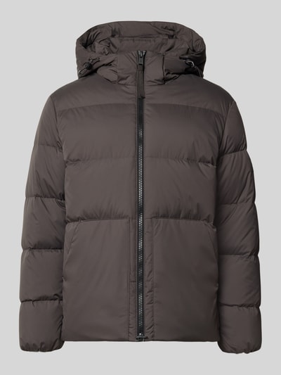 Produktfoto, Regular Fit Daunenjacke mit Kapuzenkragen von Marc O'Polo in Dunkelbraun, unifarben, Zweiwege-Reißverschluss, Webware-Textur