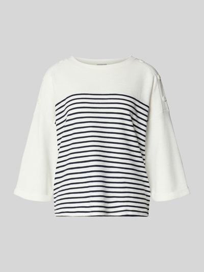 Produktfoto, Relaxed Fit Pullover aus Bio-Baumwoll-Mix von Tom Tailor mit Allover-Streifenmuster, Knöpfen und Piqué-Strickstruktur.