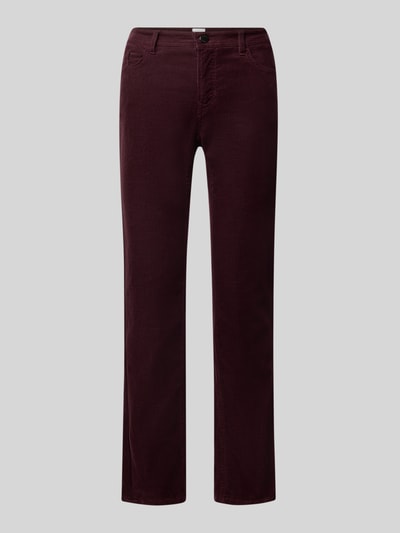 Produktfoto, bordeauxrote, samtige Struktur, schmale gerade Form, Tapered Fit Cordhose aus Baumwoll-Mix Modell 'MILEY' von Brax, damskie spodnie sztruksowe