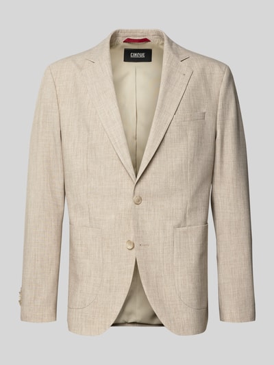 Produktfoto, Slim Fit 2-Knopf-Sakko mit Viskose-Anteil Modell 'DATI' von CINQUE in hellem Beige mit Reverskragen, elastischem Material-Mix, aufgesetzten Taschen, feine Textur, neutrale Farbe, Herrenmode.