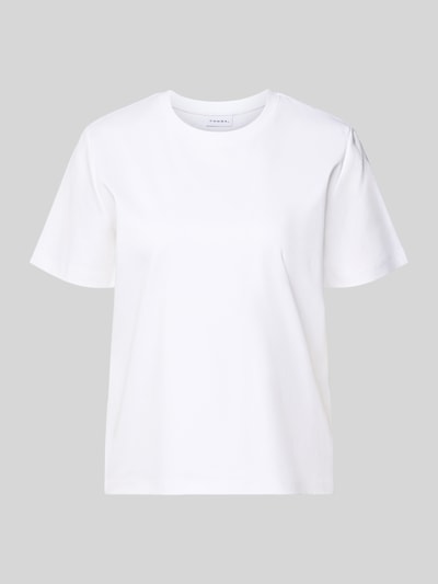 Produktfoto, weißes T-Shirt mit geripptem Rundhalsausschnitt von comma aus Baumwoll-Mix, Regular Fit, Rückenlänge 60 cm, Vorderansicht.