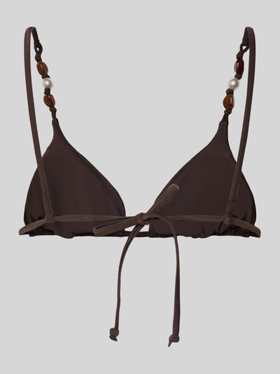 Produktfoto, dunkelbraunes Bikini-Oberteil mit Zierperlen und rückseitiger Schnürung, Modell 'PALERMO' von Seafolly, Triangel Fit, glatte Textur, Stretch-Material