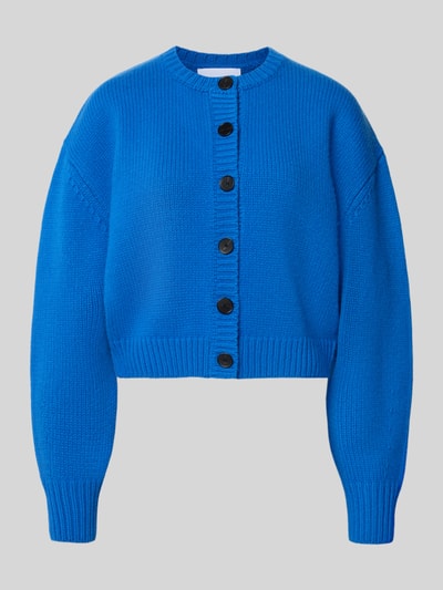 Produktfoto, felblauw gebreid jack van Puur katoen met los model, doorlopende knoopsluiting en ribboorden, Knit Cardigan aus Wolle van Style Icon Collection, ruglengte maat S 46 cm, mouwlengte 58 cm