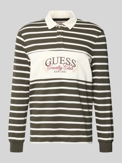 Produktfoto, Regular Fit Sweatshirt mit Polokragen Modell 'JACQUARD' von GUESS, gestreift in Weiß und Dunkelgrün, Baumwoll-Mix, Logo-Stitching