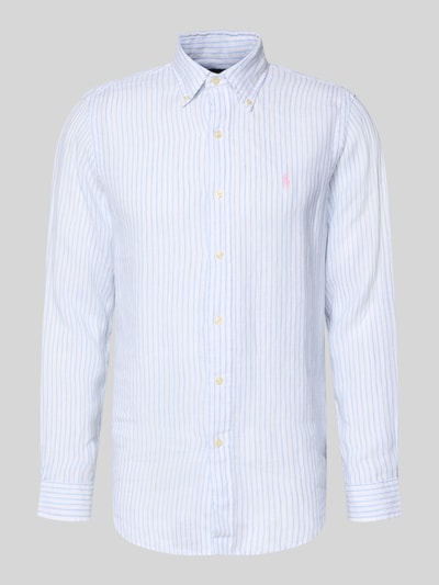 Produktfoto, Regular Fit Freizeithemd aus reinem Leinen von Polo Ralph Lauren in Hellblau-Weiß gestreift, Button-Down-Kragen, Logo-Detail